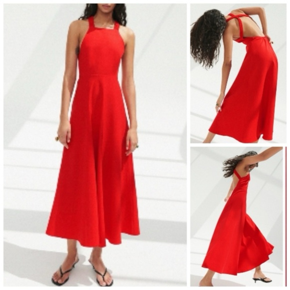 Zara Midi Dress open back criss cross straps circle skirt red twirly M